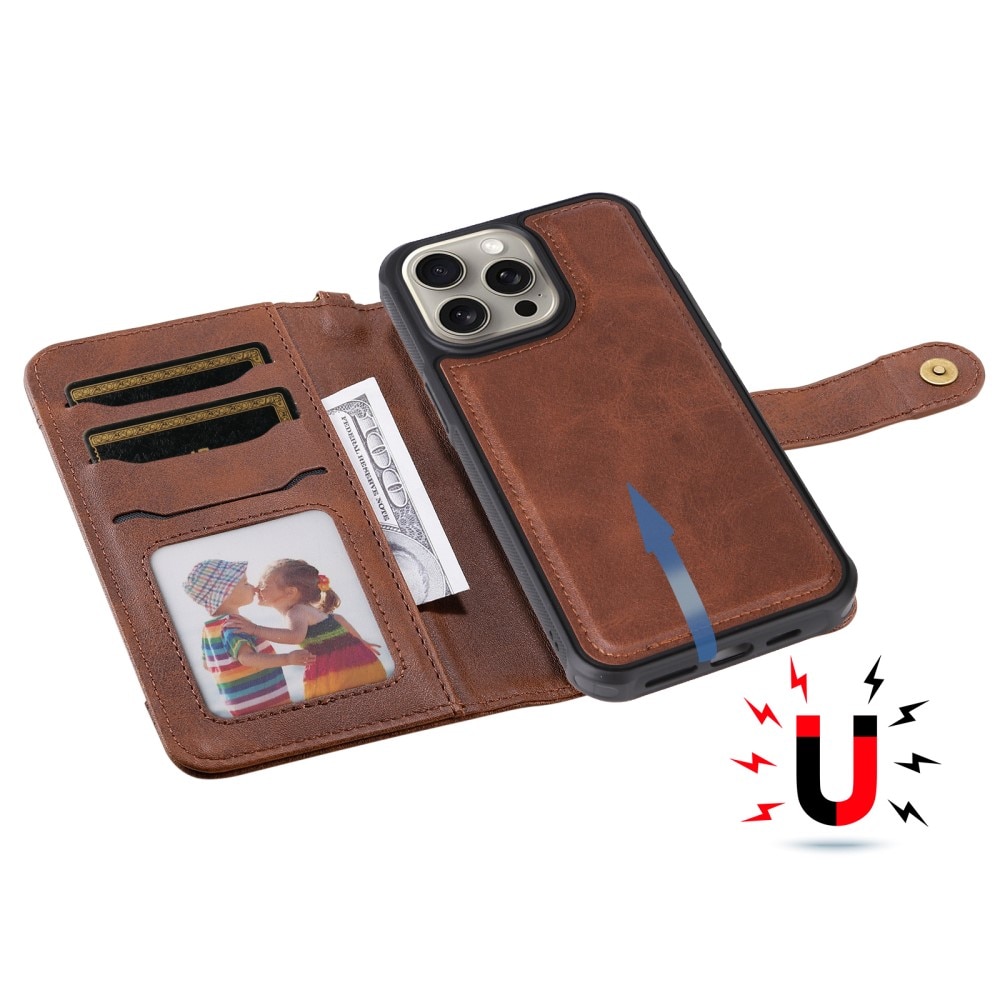 Magnet Leather Wallet iPhone 15 Pro Max brun