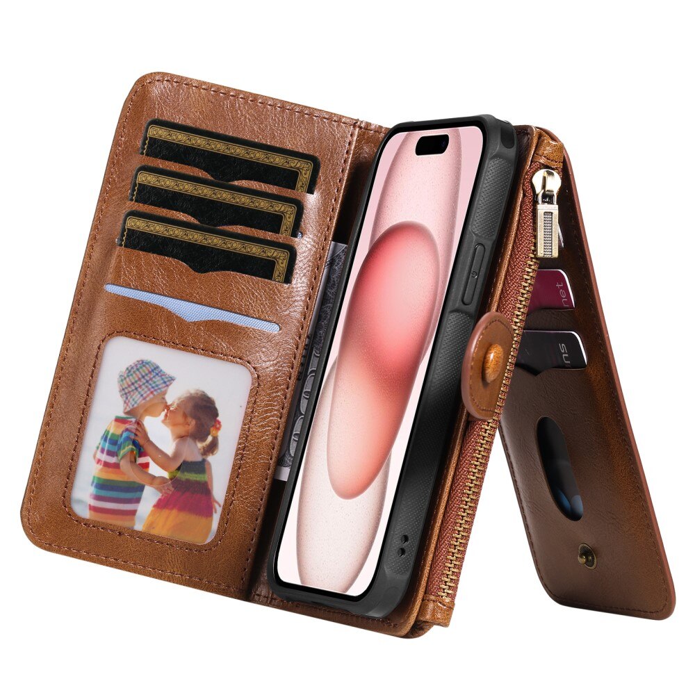 Magnet Leather Multi-Wallet iPhone 15 brun