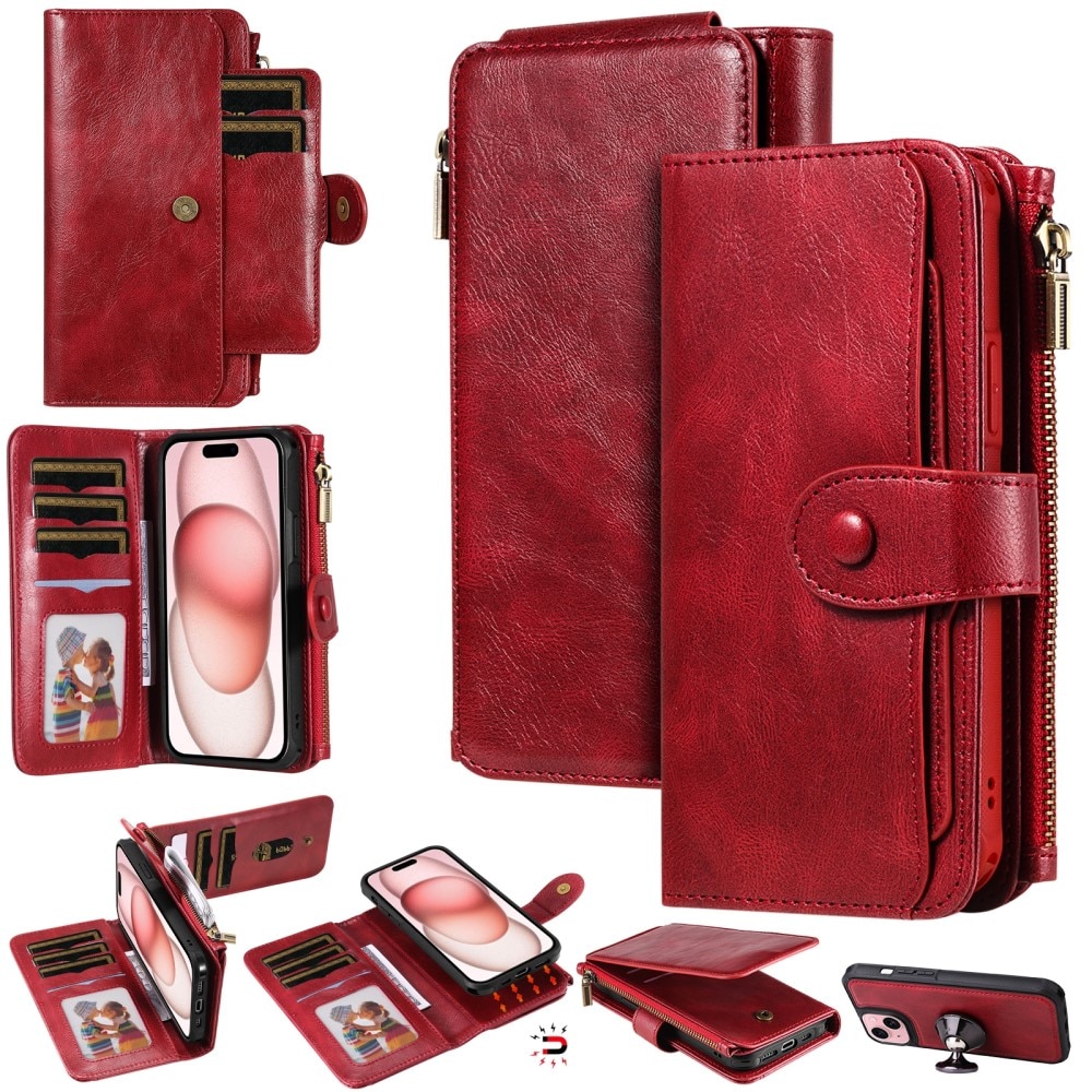 Magnet Leather Multi-Wallet iPhone 15 rød