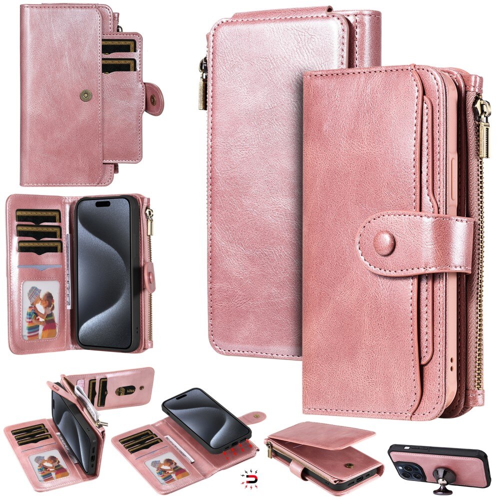 Magnet Leather Multi-Wallet iPhone 15 Pro lyserød