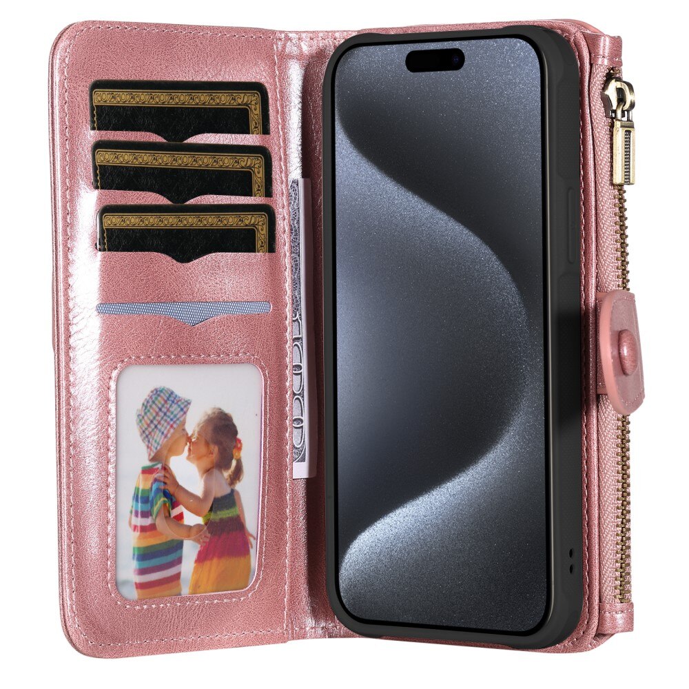 Magnet Leather Multi-Wallet iPhone 15 Pro lyserød