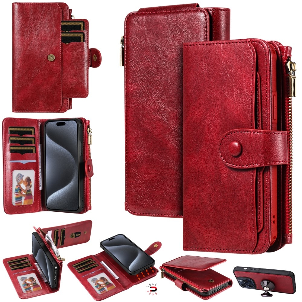 Magnet Leather Multi-Wallet iPhone 15 Pro rød
