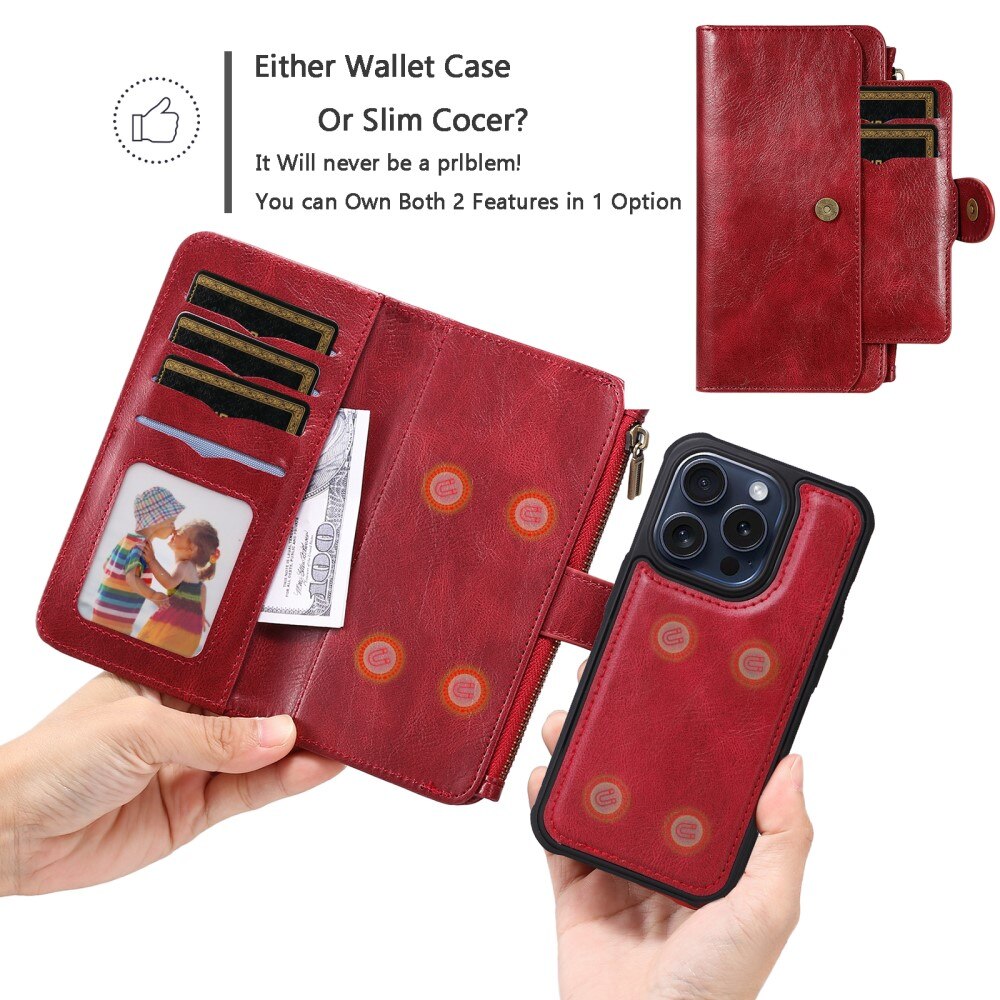 Magnet Leather Multi-Wallet iPhone 15 Pro rød