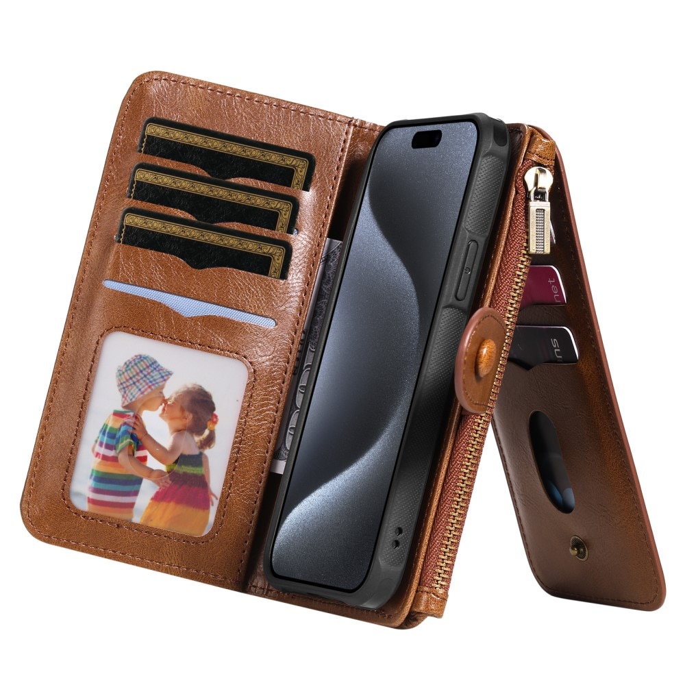 Magnet Leather Multi-Wallet iPhone 15 Pro brun