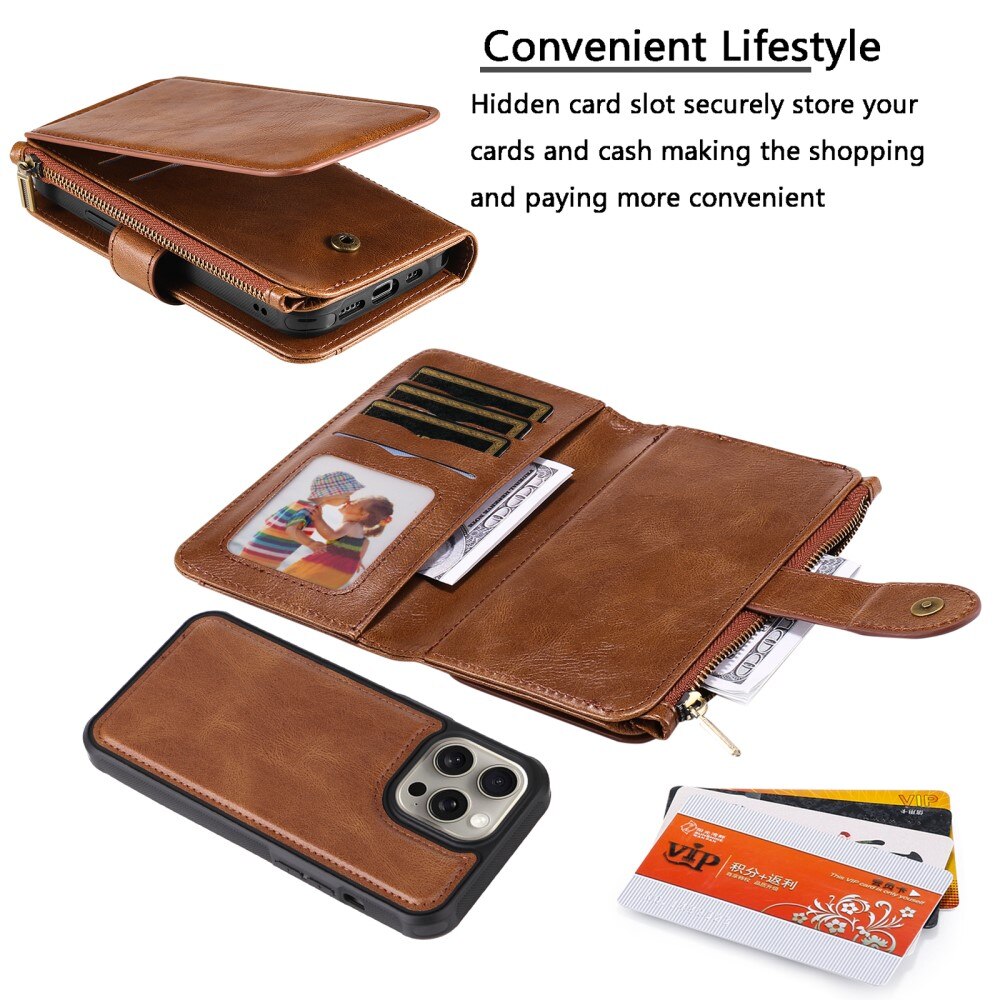 Magnet Leather Multi-Wallet iPhone 15 Pro Max brun