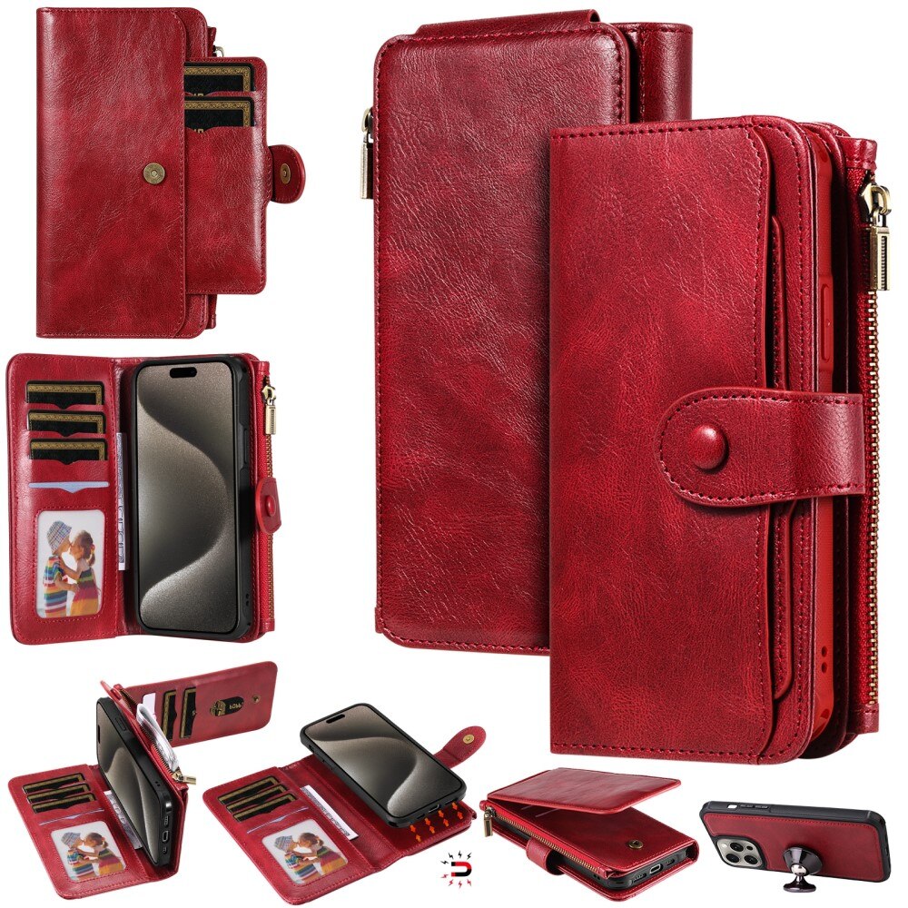 Magnet Leather Multi-Wallet iPhone 15 Pro Max rød