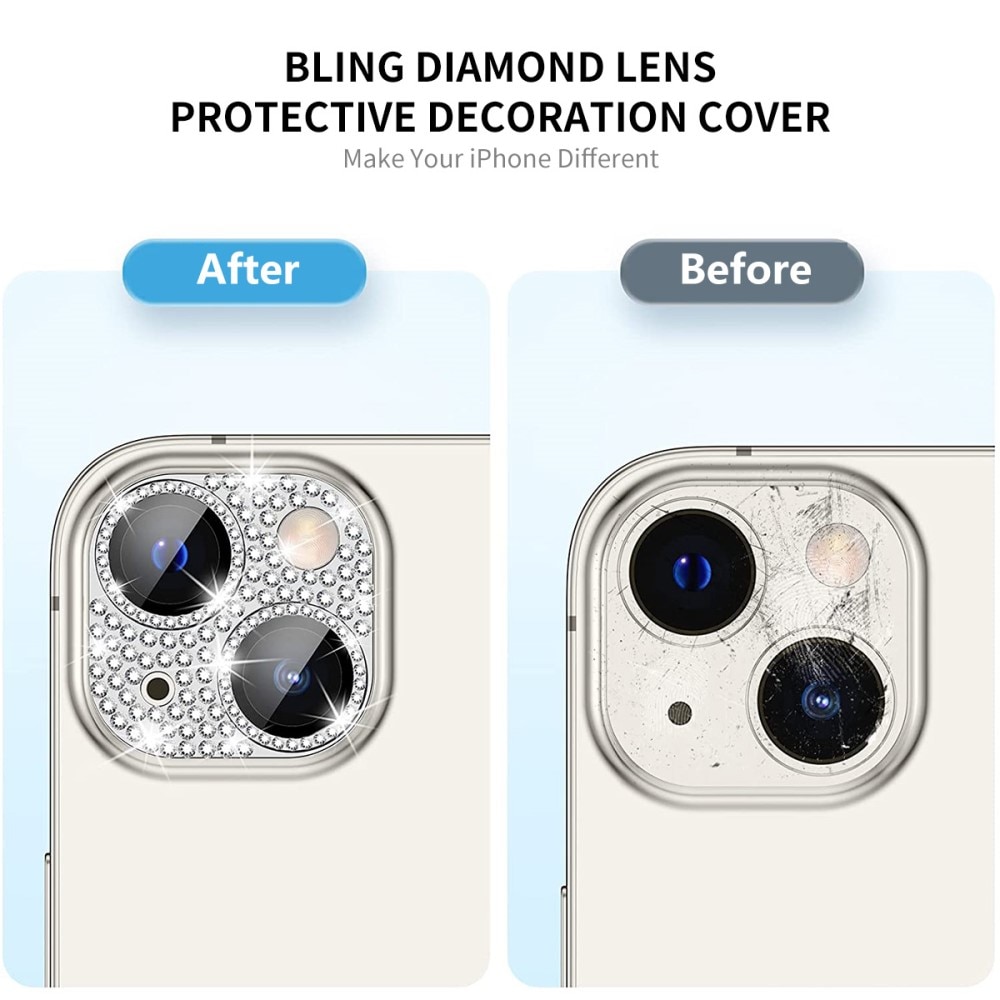 Glitter Kamerabeskyttelse Aluminium+Hærdet Glas iPhone 14 Plus sølv