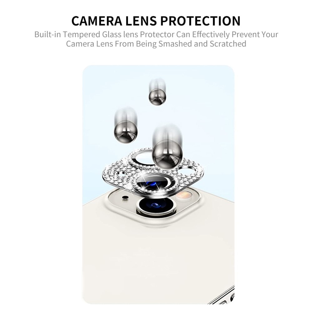 Glitter Kamerabeskyttelse Aluminium+Hærdet Glas iPhone 14 sølv
