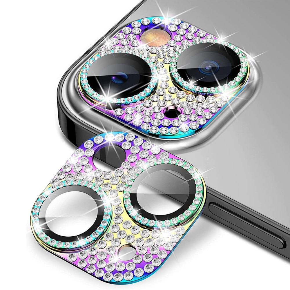 Glitter Kamerabeskyttelse Aluminium+Hærdet Glas iPhone 14 Plus regnbue