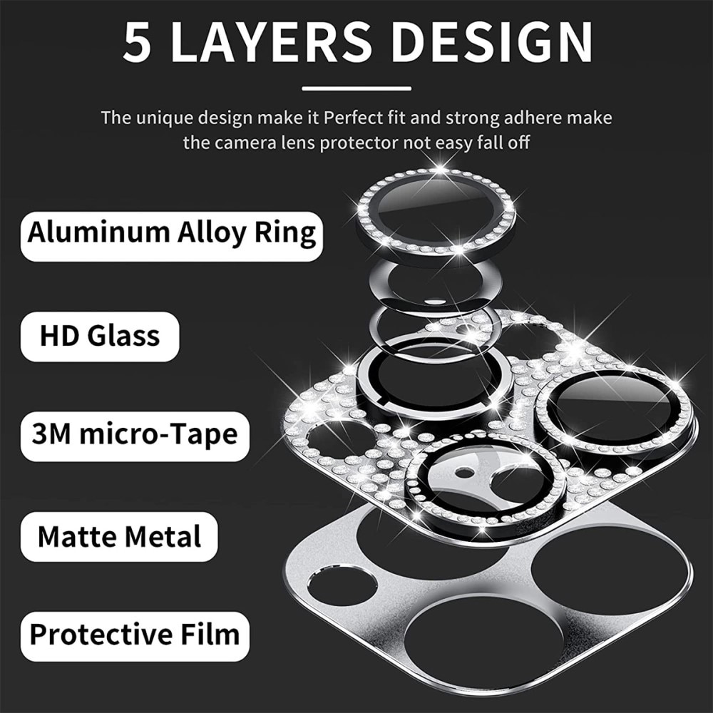 Glitter Kamerabeskyttelse Aluminium+Hærdet Glas iPhone 13 Pro Max sølv
