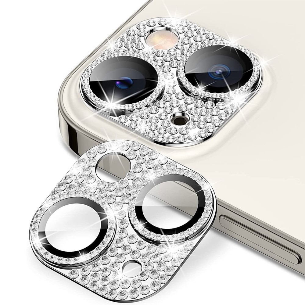 Glitter Kamerabeskyttelse Aluminium+Hærdet Glas iPhone 15 Plus sølv