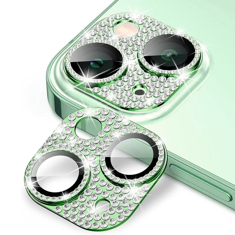 Glitter Kamerabeskyttelse Aluminium+Hærdet Glas iPhone 15 grøn