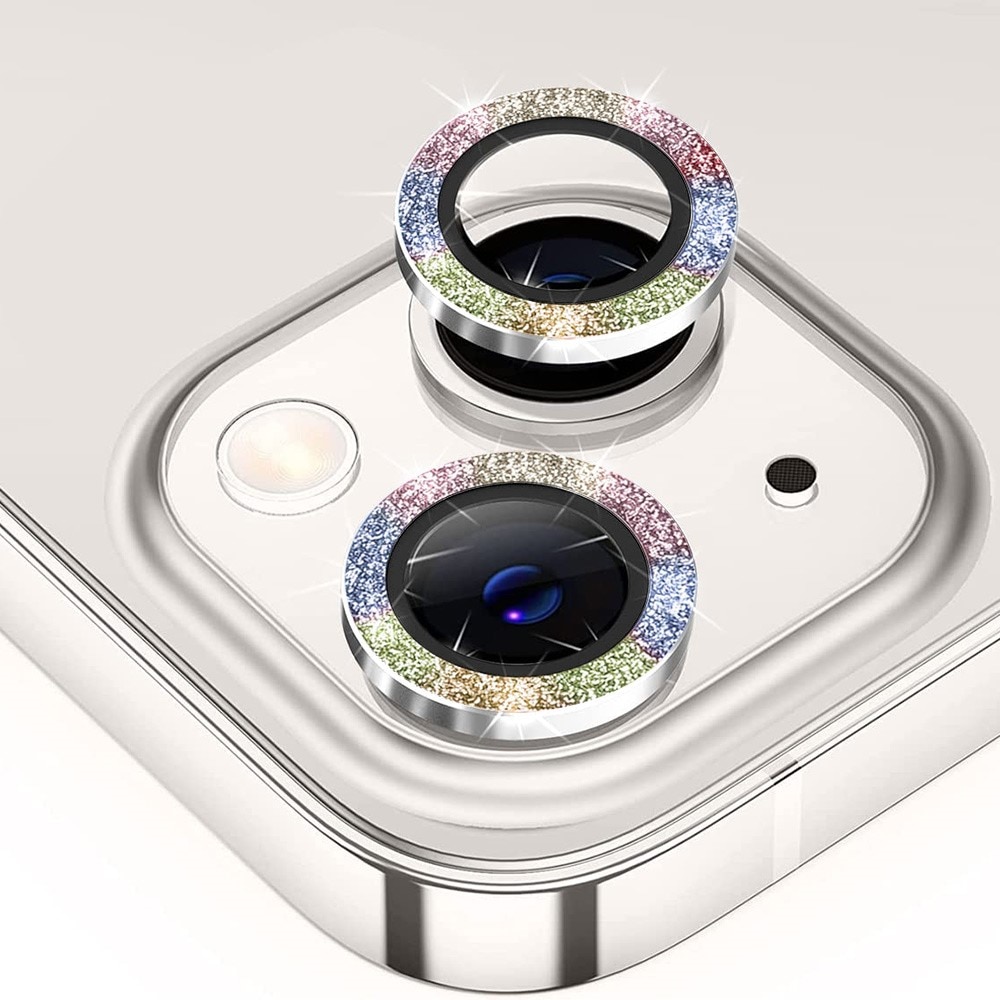 Glitter Linsebeskytter Aluminium iPhone 15 regnbue