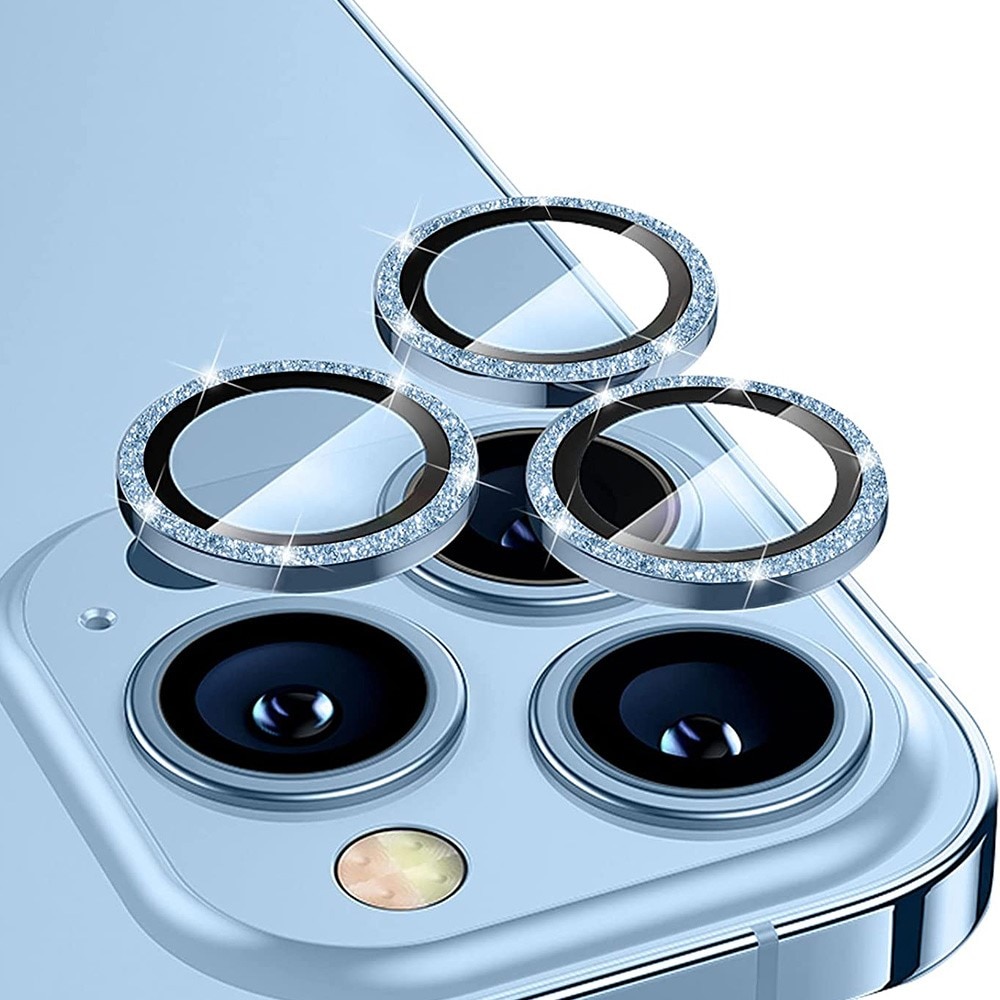 Glitter Linsebeskytter Aluminium iPhone 15 Pro Max lyseblå