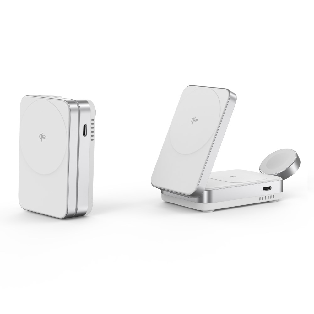 Compact 3-i-1 Qi2 Trådløs Magnetisk Foldbart Ladebase Hvid
