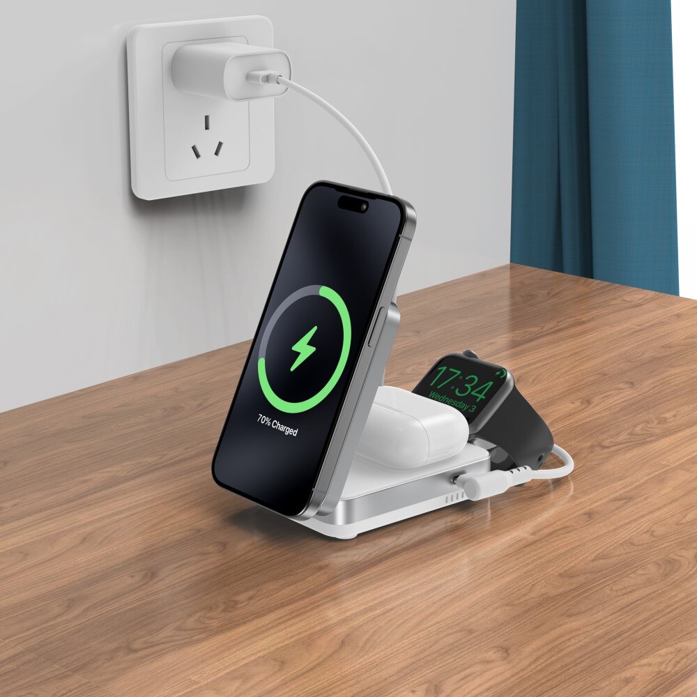 Compact 3-i-1 Qi2 Trådløs Magnetisk Foldbart Ladebase Hvid