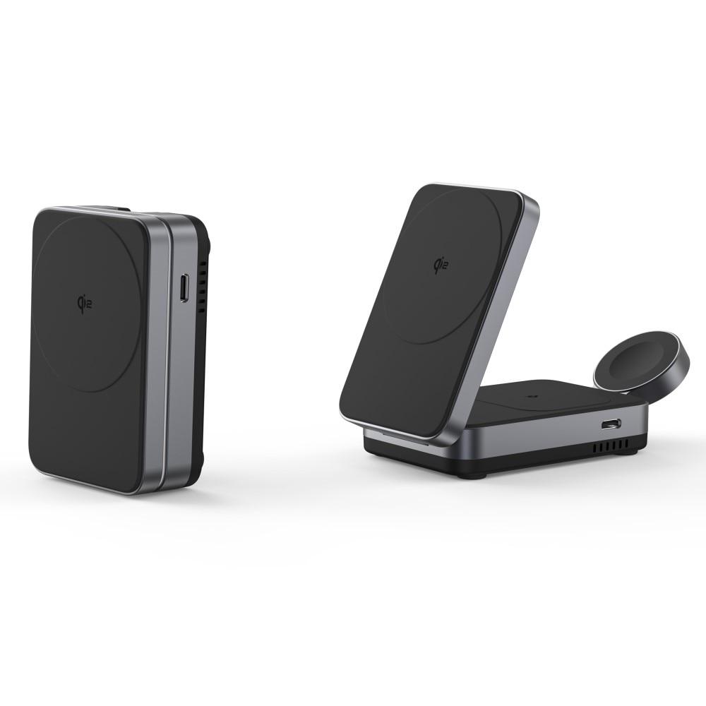 Compact 3-i-1 Qi2 Trådløs Magnetisk Foldbart Ladebase Sort