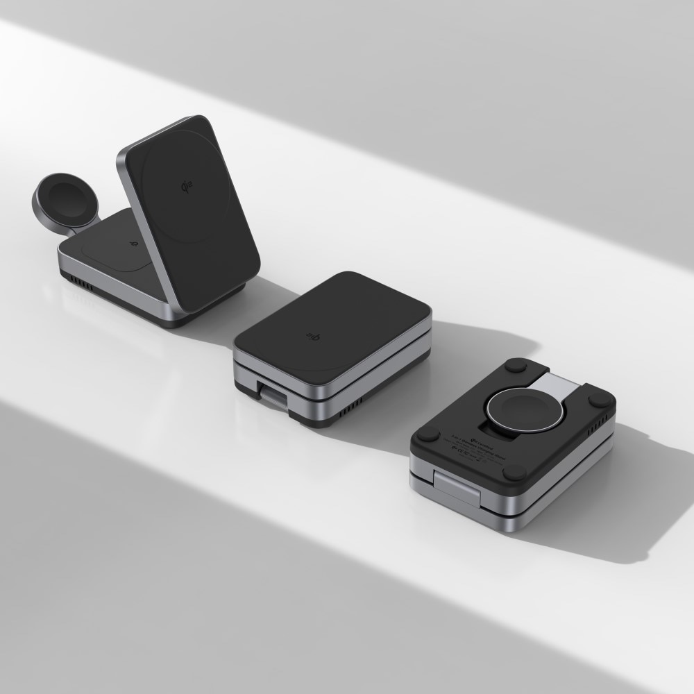 Compact 3-i-1 Qi2 Trådløs Magnetisk Foldbart Ladebase Sort