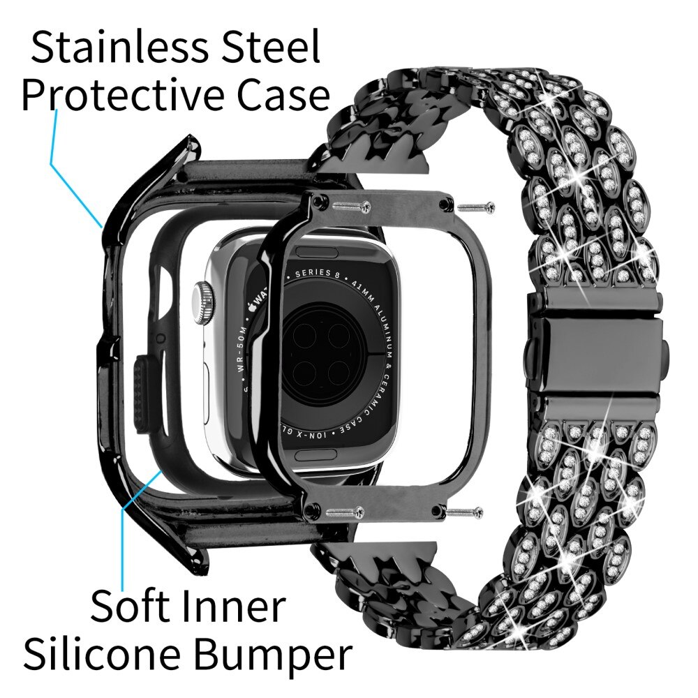 Cover + Metalarmbånd Rhinestone Apple Watch 41mm Series 8 sort