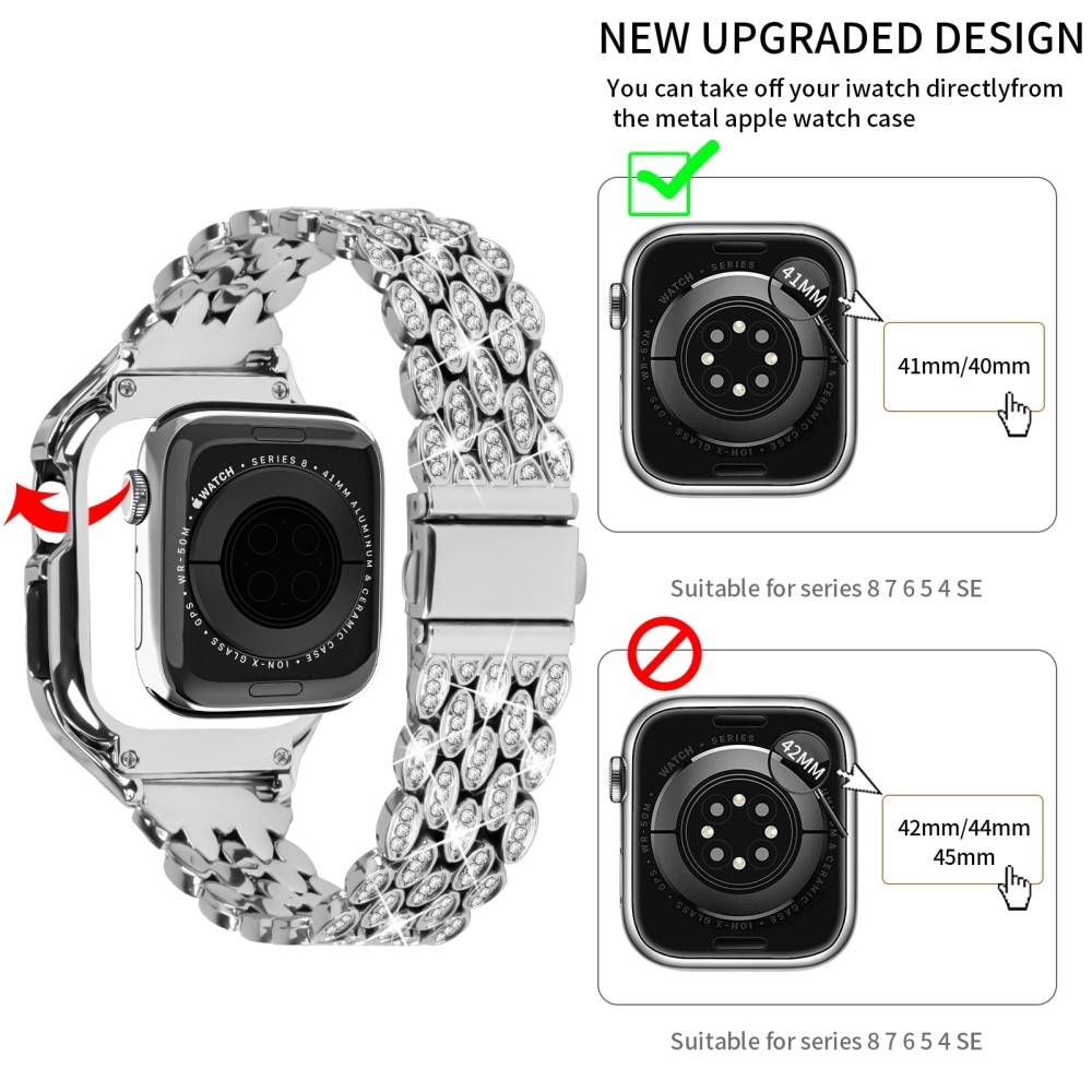 Cover + Metalarmbånd Rhinestone Apple Watch 41mm Series 8 sølv