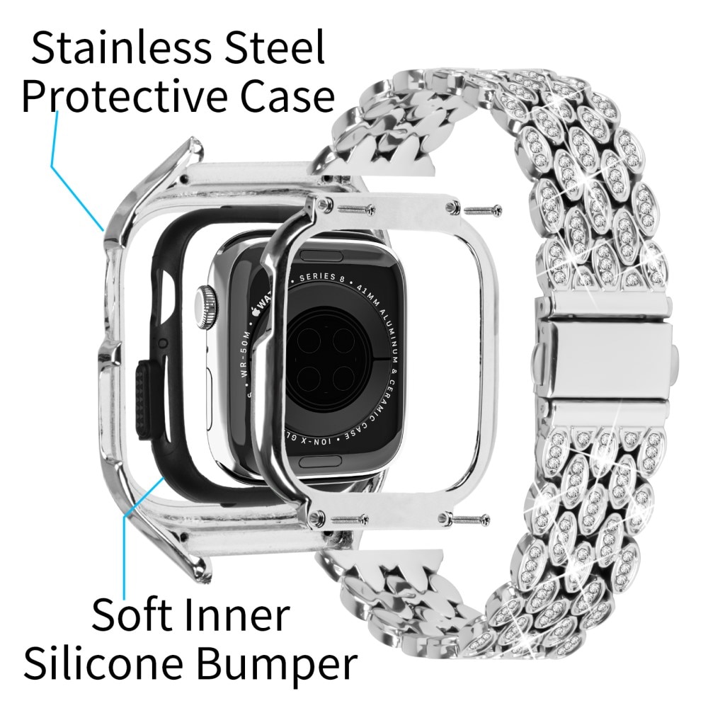 Cover + Metalarmbånd Rhinestone Apple Watch 41mm Series 9 sølv