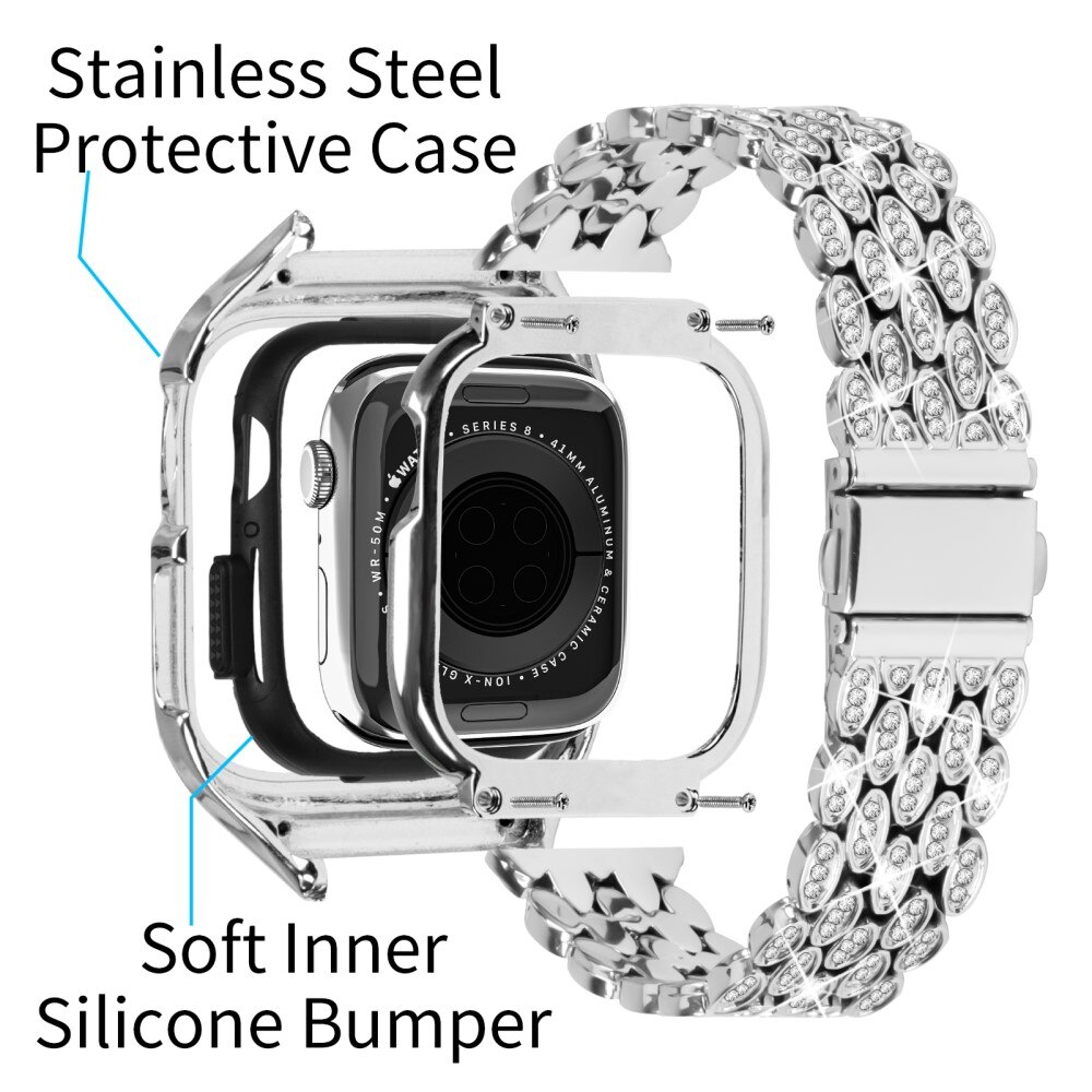 Cover + Metalarmbånd Rhinestone Apple Watch 41mm Series 8 sølv