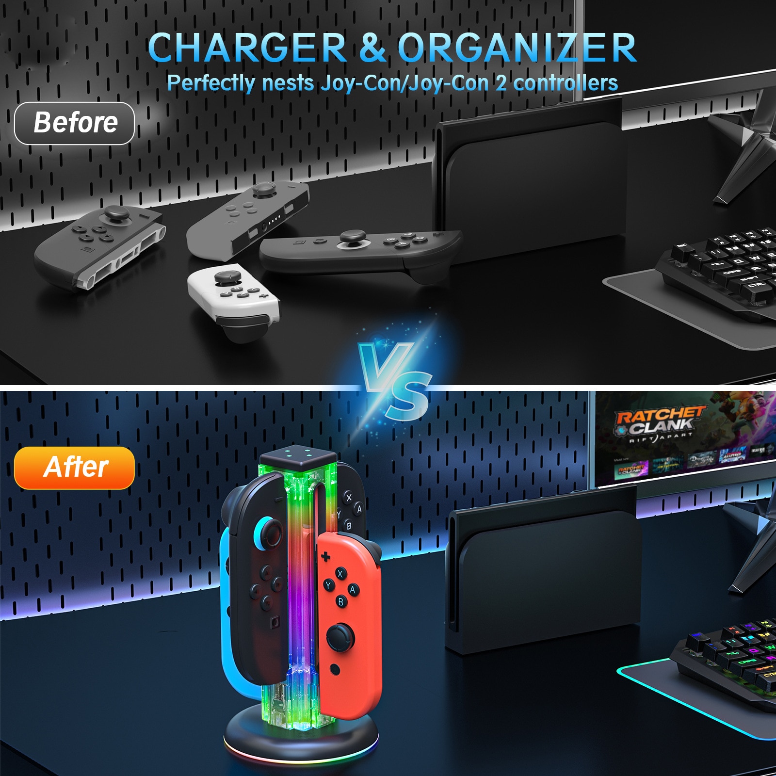 Joy-Con Ladestativ med RGB-belysning Nintendo Switch 2 Sort