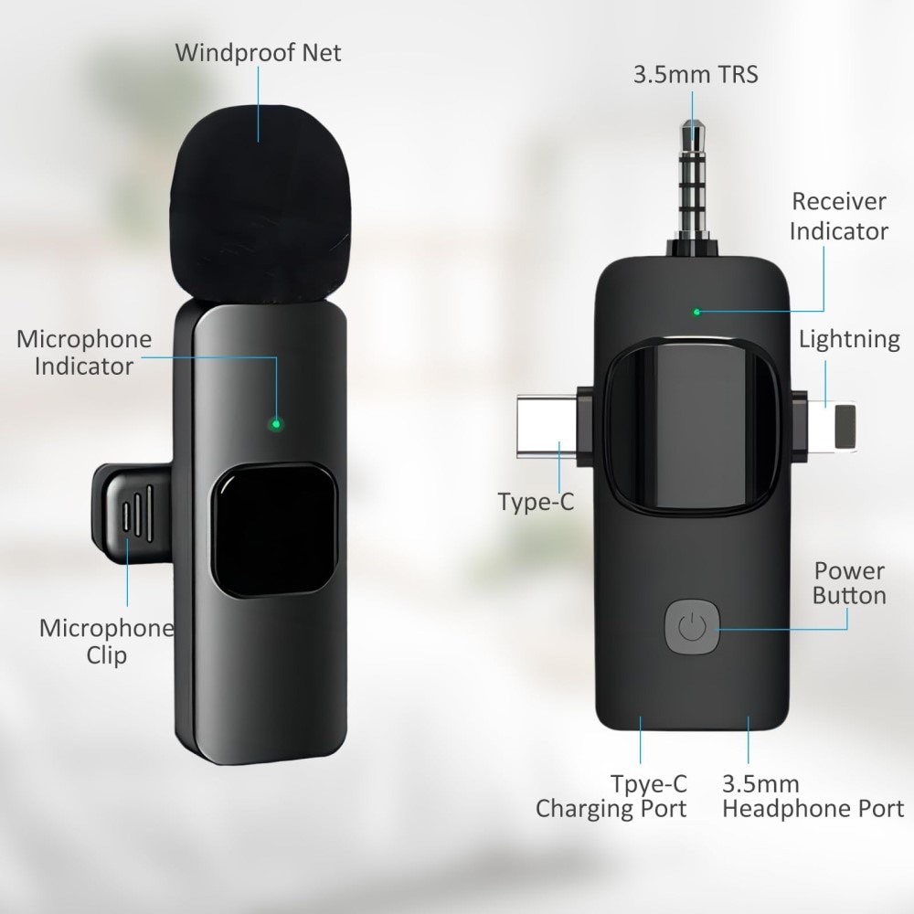 2 trådløse mikrofoner med USB-C / Lightning -modtager sort