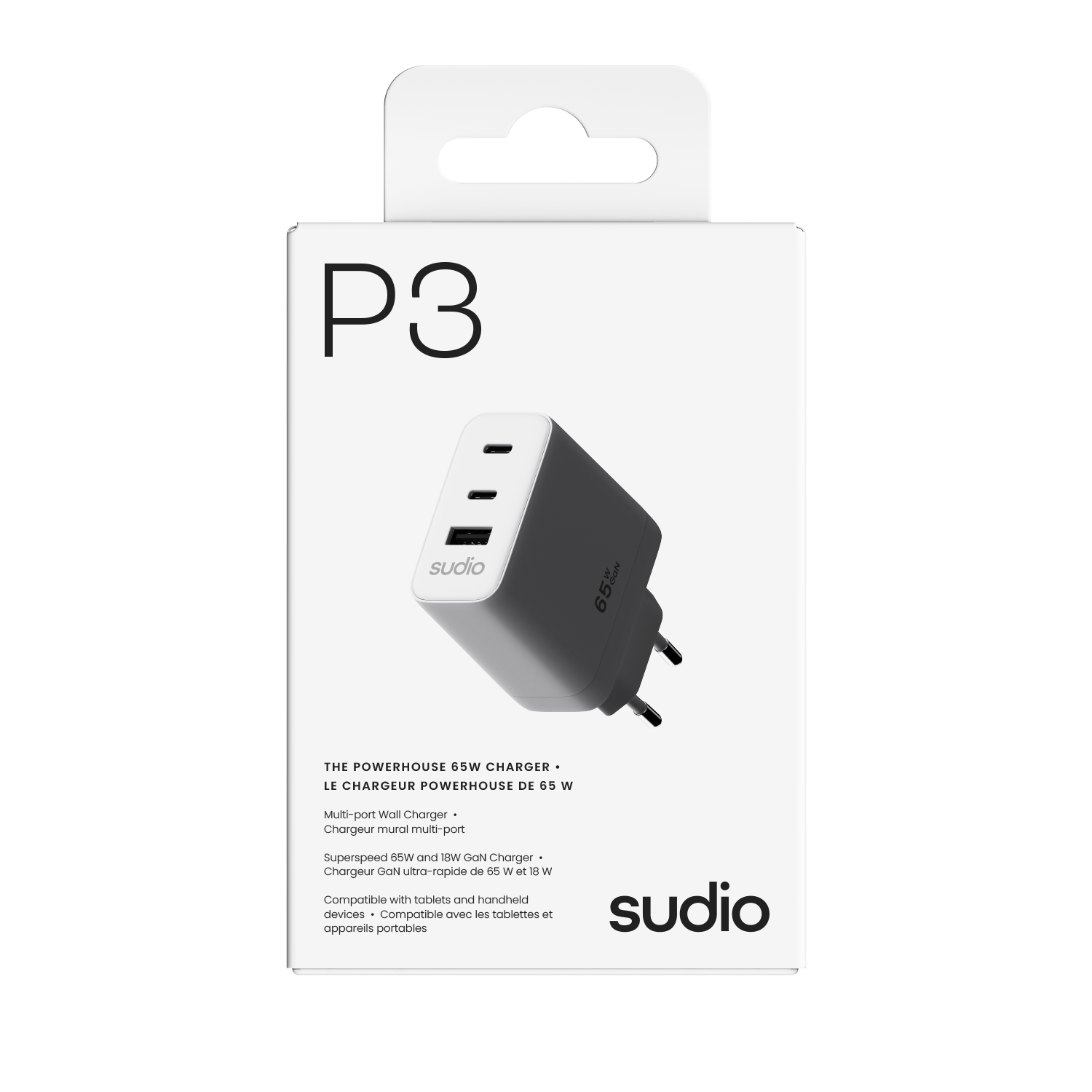 P3 Vægoplader 65W 2 x USB-C + USB-A Hvid