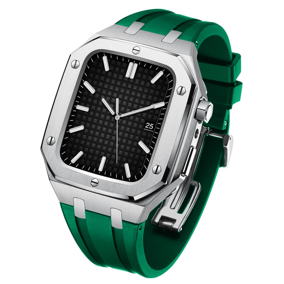 Apple Watch 45mm Series 9 Full Metal Silikonearmbånd sølv/grøn