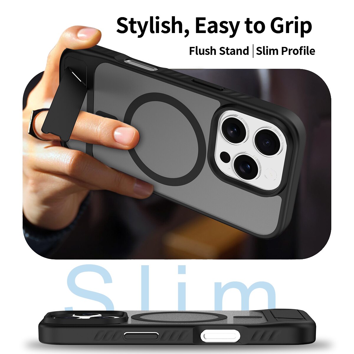 Magnetisk cover med stativ iPhone 16 Pro Sort