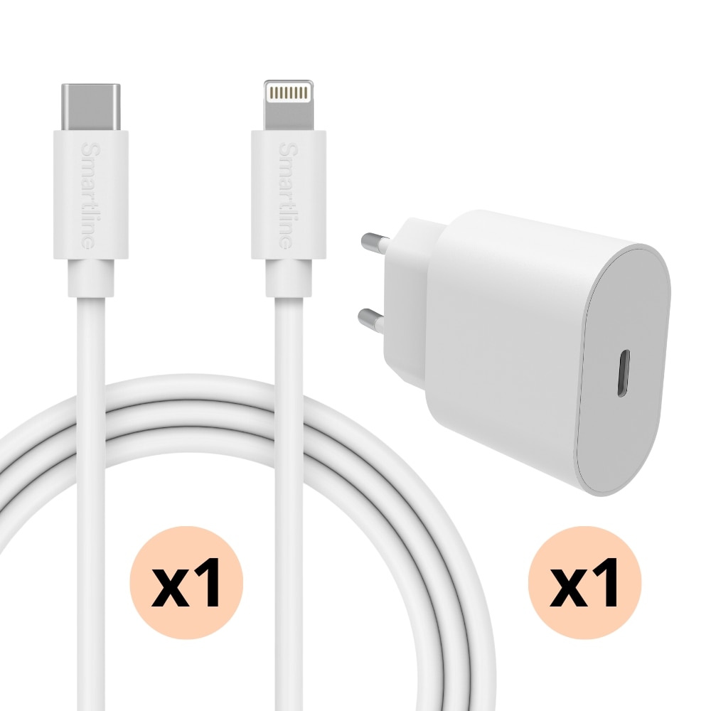 Komplet oplader til iPhone - 2m kabel og vægoplader - Lightning - Smartline