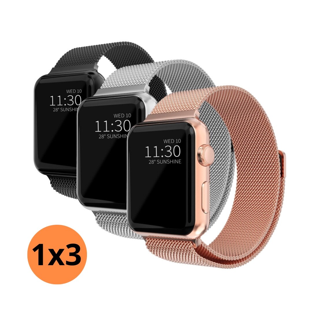 Apple Watch 42/44/45/49 mm Sæt Armbånd Milanese Loop sort, sølv, rose guld