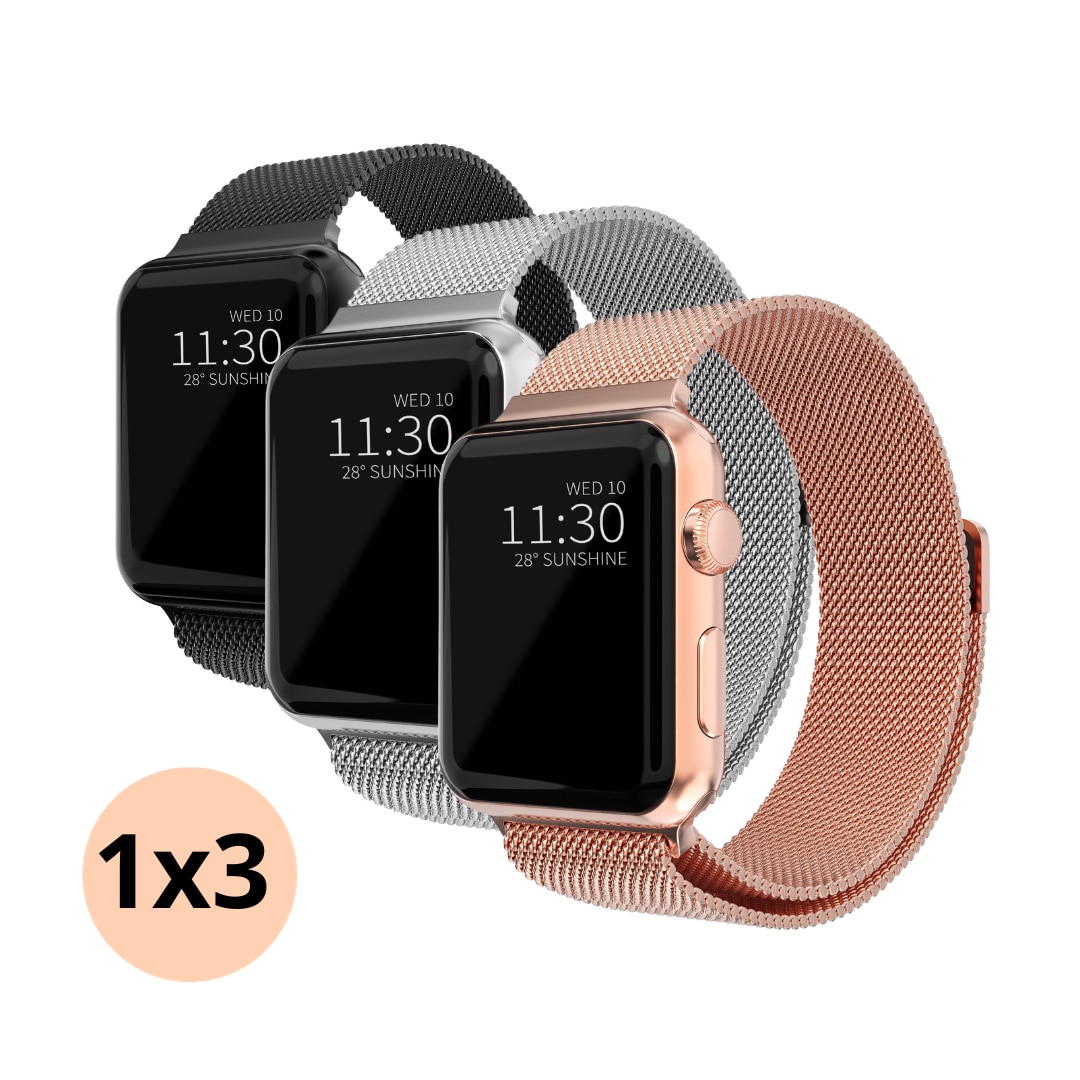 Apple Watch 45mm Series 8 Sæt Armbånd Milanese Loop sort, sølv, rose guld