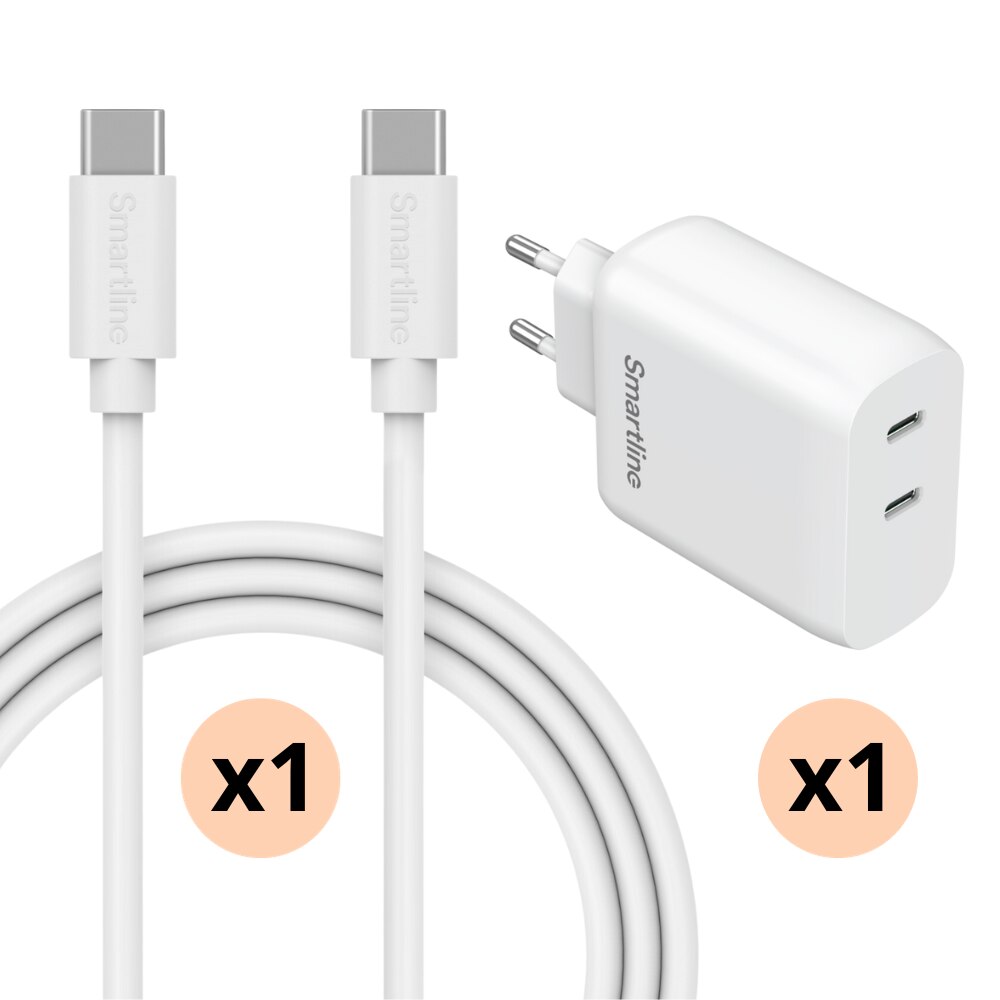 Premiumoplader Redmi Note 13 4G - 2 meter kabel og Dual vægoplader USB-C 35W - Smartline