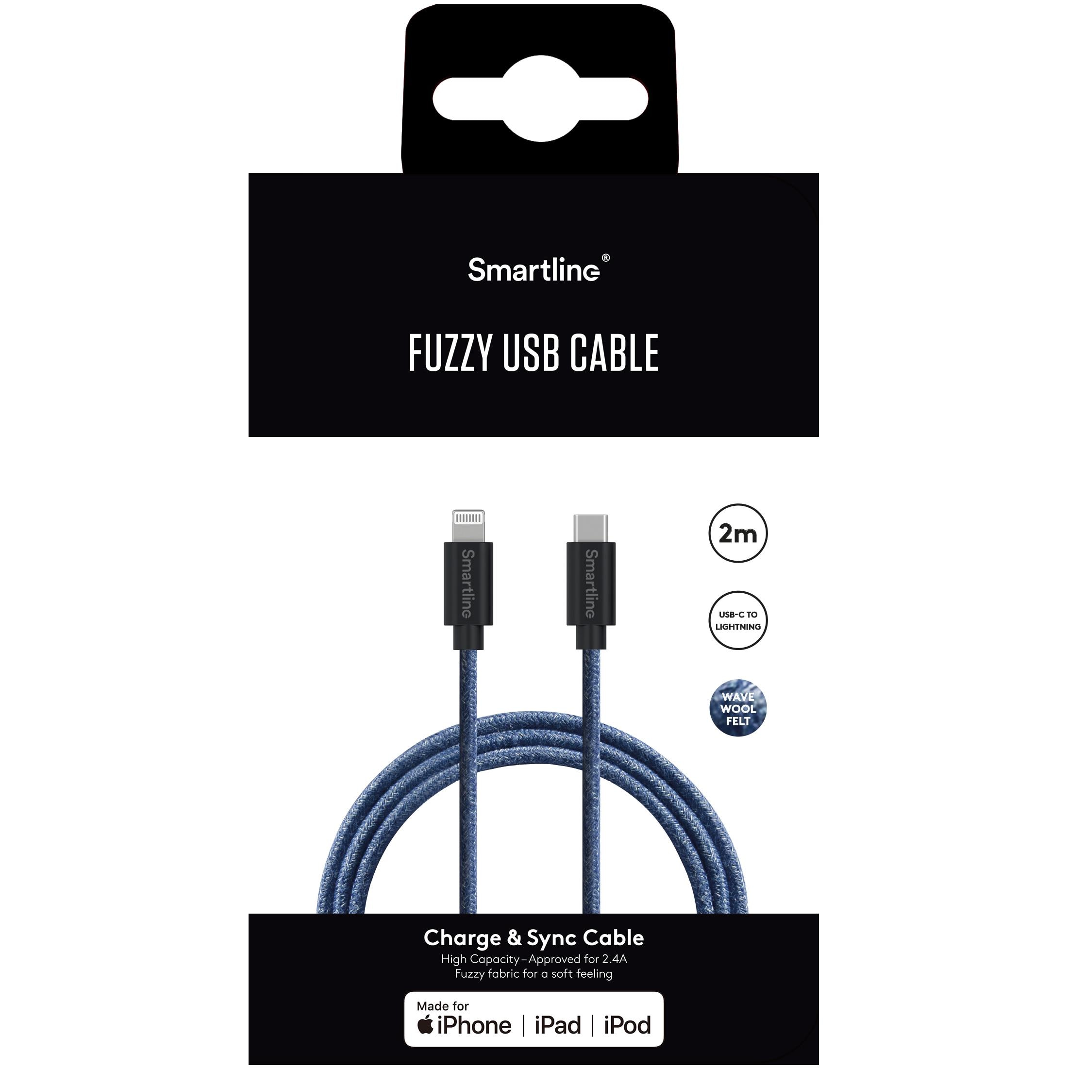 Fuzzy USB Cable USB-C -> Lightning 2m Blue